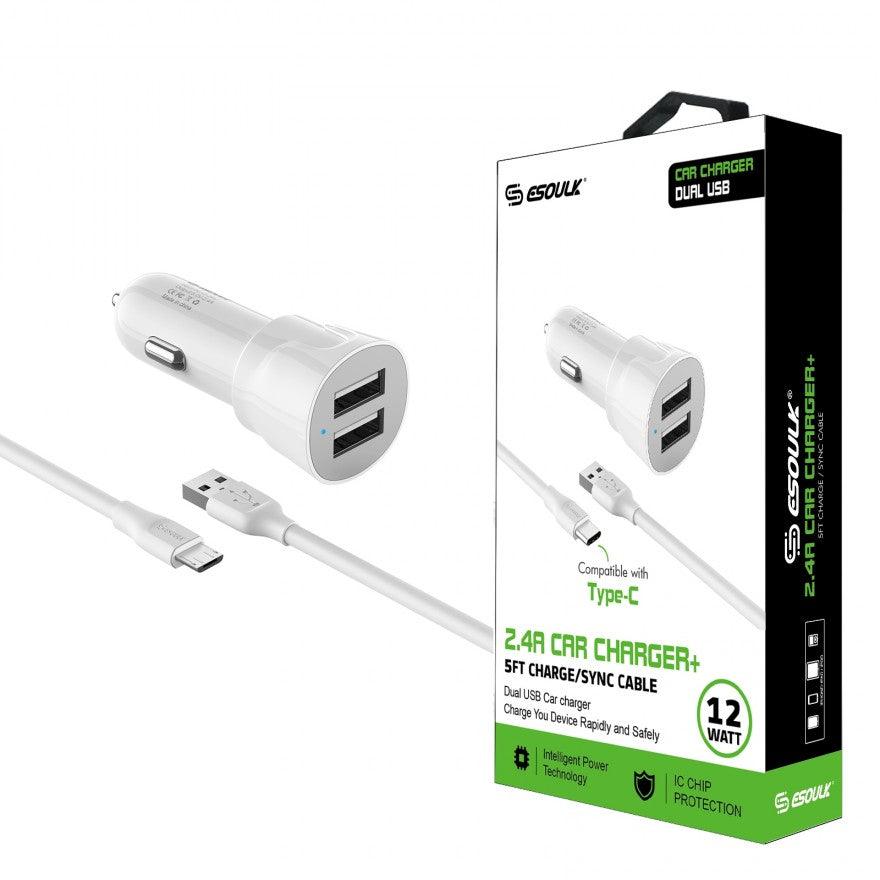Esoulk  Car Charger Dual USB 2.4A with 5Ft White Cable Type-C EC43P-TCP-WH - Best Cell Phone Parts Distributor in Canada Esoulk  Car Charger Dual USB 2.4A with 5Ft White Cable Type-C EC43P-TCP-WH - Best Cell Phone Parts Distributor in Canada